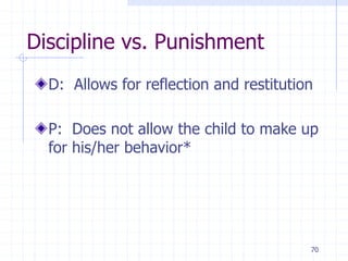 70
Discipline vs. Punishment
D: Allows for reflection and restitution
P: Does not allow the child to make up
for his/her behavior*
 