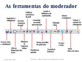 As ferramentas do moderador “ Elluminate - Utilização prática de uma plataforma no ensino” Funchal. Março 2008 Gravar chat e  whiteboard Imprimir o  whiteboard Alterar disposição das áreas Publicar estatísticas da poll Revelar respostas da poll Bloquear as respostas dadas Manifestar opinião Conteúdo  em modo apresentação Iniciar partilha  de aplicação Aceder à biblioteca de multimédia Transferir ficheiros Difundir vídeo Ir para a Web Iniciar cronómetro Abrir bloco de notas Visitar o  website da Elluminate 