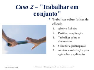 Caso 2  – "Trabalhar em conjunto" Trabalhar sobre folhas de cálculo Abrir o ficheiro Partilhar a aplicação Trabalhar sobre o documento Solicitar a participação Aceitar a solicitação para agir sobre a aplicação “ Elluminate - Utilização prática de uma plataforma no ensino” Funchal. Março 2008 