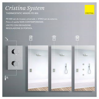 Cristina System
thermostatic mixers PD 800
38˚
PD 800 set da incasso universale + XT853 set da esterno.
Fino a 3 uscite NON CONTEMPORANEE.
USCITE CON DEVIAZIONE.
REGOLAZIONE DI PORTATA.
12 1
3
2
3
1
 