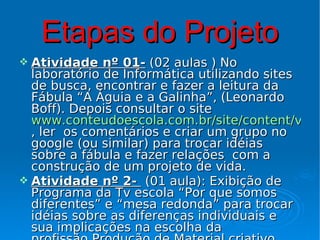 Etapas do Projeto
 Atividade nº 01- (02 aulas ) No
  laboratório de Informática utilizando sites
  de busca, encontrar e fazer a leitura da
  Fábula “A Águia e a Galinha”, (Leonardo
  Boff). Depois consultar o site
  www.conteudoescola.com.br/site/content/view
  , ler os comentários e criar um grupo no
  google (ou similar) para trocar idéias
  sobre a fábula e fazer relações com a
  construção de um projeto de vida.
 Atividade nº 2- (01 aula): Exibição de
  Programa da Tv escola “Por que somos
  diferentes” e “mesa redonda” para trocar
  idéias sobre as diferenças individuais e
  sua implicações na escolha da
 