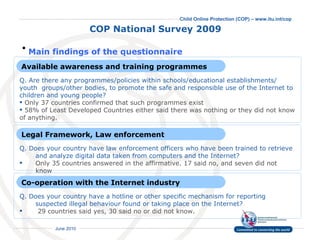 COP National Survey 2009   Q.  Are there any programmes/policies within schools/educational establishments/ youth  groups/other bodies, to promote the safe and responsible use of the Internet to children and young people?   Only 37 countries confirmed that such programmes exist 58% of Least Developed Countries either said there was nothing or they did not know of anything. Available awareness and training programmes Main findings of the questionnaire   Q. Does your country have law enforcement officers who have been trained to retrieve and analyze digital data taken from computers and the Internet?   Only 35 countries answered in the affirmative. 17 said no, and seven did not know Legal Framework, Law enforcement Q. Does your country have a hotline or other specific mechanism for reporting suspected illegal behaviour found or taking place on the Internet? 29 countries said yes, 30 said no or did not know. Co-operation with the Internet industry 