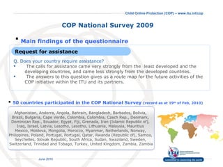 Afghanistan, Andorra, Angola, Bahrain, Bangladesh, Barbados, Bolivia,  Brazil, Bulgaria, Cape Verde, Colombia, Colombia, Czech Rep., Denmark,  Dominican Rep., Ecuador, Egypt, Fiji, Grenada, Iran (Islamic Republic of),  Iraq, Israel, Latvia, Lesotho, Lesotho, Lithuania, Malaysia, Mauritius  Mexico, Moldova, Mongolia, Morocco, Myanmar, Netherlands, Norway,  Philippines, Poland, Portugal, Portugal, Qatar, Rwanda (Republic of), Samoa,  Seychelles, Slovak Republic, South Africa, Sudan, Swaziland, Sweden,  Switzerland, Trinidad and Tobago, Turkey, United Kingdom, Zambia, Zambia 50 countries participated in the COP National Survey  (record as at 19 th  of Feb, 2010)   COP National Survey 2009   Main findings of the questionnaire   Q. Does your country require assistance? The calls for assistance came very strongly from the  least developed and the developing countries, and came less strongly from the developed countries. The answers to this question gives us a route map for the future activities of the COP initiative within the ITU and its partners. Request for assistance 