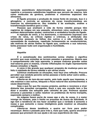 tornando assimiláveis determinadas substâncias que o organismo
repeliria e armazena substâncias hepáticas que servem de reserva, tais
como moléculas de gordura, proteínas e vitaminas especiais dos
alimentos.
O fígado processa a produção de nossa fonte de energia, $ue é o
glicogênio, e controla os açúcares do corpo transformandoos em
reservas ou eliminando-os. Seu trabalho é de aceitação, análise e
transformação benéfica para a vida.
Pessoas que analisam a vida de forma rebelde porque têm
registros de mágoa em seu passado, alimentam raiva constante e não
aceitam determinadas ajudas, contrariam a verdadeira função do fígado.
A rejeição do amor, a ira dominante, o nervosismo expresso com
crises de raiva, as críticas rígidas e crônicas, a atribuição dos
sofrimentos pessoais às falhas dos outros e a não aceitação da
necessidade de mudanças, repelindo furiosamente os revolucionários,
são motivos de sérias lesões no fígado que, conforme a sua natureza,
tenta processar tudo com organização e humildade.
232
Hepatite
É a somatização dos sentimentos acima citados e significa
permitir que suas emoções se tornem pesadas e grosseiras. Mesmo que
o comportamento não seja aparente, a pessoa costuma guardar esses
mal-estares para si mesma, criando inflamações no órgão representante
dessas emoções: o fígado.
A raiva é tão grande que qualquer proposta de mudança para ser
feliz é rejeitada de forma rebelde e em vários níveis.
Continue analisando as situações, mas faça uma reflexão. Procure
perceber sua conduta perante certas pessoas e tente achar outra saída...
sem ser pela raiva!
Liberte-se do tem-de-ser-assim, pois tudo aquilo que impomos, a
nós mesmos e aos outros, bloqueia o fluxo natural dos acontecimentos e
causa desarmonia.
Seja o que for que lhe causou prejuízo, perdoe e recomece a viver
distante das emoções carregadas. Ouça o que seu coração tem a lhe
dizer e acredite nas soluções pelo caminho da paz. Promova ajustes
sinceros e pacientes e saiba resolver os problemas de forma tranqüila,
esperando sempre o melhor.
As mágoas fazem parte de nosso ego e ele, às vezes, é o maior
inimigo do homem, pois o limita no processo de busca da felicidade. O
ego tem a tendência de nos fazer acreditar que a verdade é somente a
nossa e que somente a nossa inteligência pode resolver as situações
complicadas.
Liberte-se dessa tendência e queira ser livre para poder
recomeçar. Deixe o passado para trás e, mais que tudo, queira encontrar
pessoas que precisem de sua ajuda e de sua experiência de vida.
157
 