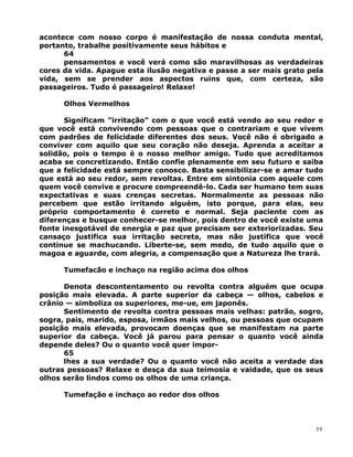 acontece com nosso corpo é manifestação de nossa conduta mental,
portanto, trabalhe positivamente seus hábitos e
64
pensamentos e você verá como são maravilhosas as verdadeiras
cores da vida. Apague esta ilusão negativa e passe a ser mais grato pela
vida, sem se prender aos aspectos ruins que, com certeza, são
passageiros. Tudo é passageiro! Relaxe!
Olhos Vermelhos
Significam ”irritação” com o que você está vendo ao seu redor e
que você está convivendo com pessoas que o contrariam e que vivem
com padrões de felicidade diferentes dos seus. Você não é obrigado a
conviver com aquilo que seu coração não deseja. Aprenda a aceitar a
solidão, pois o tempo é o nosso melhor amigo. Tudo que acreditamos
acaba se concretizando. Então confie plenamente em seu futuro e saiba
que a felicidade está sempre conosco. Basta sensibilizar-se e amar tudo
que está ao seu redor, sem revoltas. Entre em sintonia com aquele com
quem você convive e procure compreendê-lo. Cada ser humano tem suas
expectativas e suas crenças secretas. Normalmente as pessoas não
percebem que estão irritando alguém, isto porque, para elas, seu
próprio comportamento é correto e normal. Seja paciente com as
diferenças e busque conhecer-se melhor, pois dentro de você existe uma
fonte inesgotável de energia e paz que precisam ser exteriorizadas. Seu
cansaço justifica sua irritação secreta, mas não justifica que você
continue se machucando. Liberte-se, sem medo, de tudo aquilo que o
magoa e aguarde, com alegria, a compensação que a Natureza lhe trará.
Tumefacão e inchaço na região acima dos olhos
Denota descontentamento ou revolta contra alguém que ocupa
posição mais elevada. A parte superior da cabeça — olhos, cabelos e
crânio — simboliza os superiores, me-ue, em japonês.
Sentimento de revolta contra pessoas mais velhas: patrão, sogro,
sogra, pais, marido, esposa, irmãos mais velhos, ou pessoas que ocupam
posição mais elevada, provocam doenças que se manifestam na parte
superior da cabeça. Você já parou para pensar o quanto você ainda
depende deles? Ou o quanto você quer impor-
65
lhes a sua verdade? Ou o quanto você não aceita a verdade das
outras pessoas? Relaxe e desça da sua teimosia e vaidade, que os seus
olhos serão lindos como os olhos de uma criança.
Tumefação e inchaço ao redor dos olhos
59
 