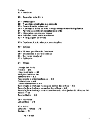 Indice
11 - Prefácio
13 - Como ler este livro
14 - Introdução
18 - A verdade destruída no passado
25 - Comunicação universal
28 - Conheça a base da PNL - Programação Neurolinguística
34 - Aprenda a analisar psicologicamente
37 - Descubra-se em seu corpo
39 - Influência do meio ambiente
43 - A linguagem do corpo
45 - Capítulo 1 - A cabeça e seus órgãos
47 - Cabeça
48 - Fé sem perdão não funciona
50 - Enxaqueca e dor de cabeça
51 - Derrame cerebral
52 - Epilepsia
54 – Olhos
Deseje ver — 56
Miopia — 58
Hipermetropia — 59
Astigmatismo — 60
Estrabismo — 62
Presbiopia e arteriosclerose — 63
Daltonismo — 64
Olhos vermelhos — 65
Tumefação e inchaço na região acima dos olhos — 65
Tumefação e inchaço ao redor dos olhos — 66
Tumefação e inchaço na extremidade do olho (rabo do olho) — 66
Terçol — 66
Conjuntivite — 66
68 - Ouvidos
Labirintite — 70
72 - Nariz
Sinusite - Rinite — 72
Coriza — 74
75 – Boca
6
 