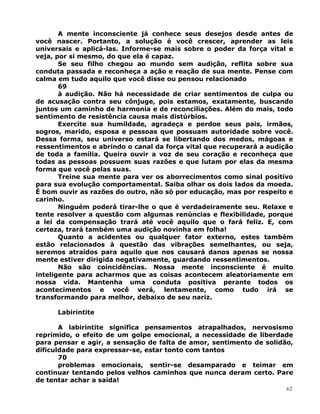 A mente inconsciente já conhece seus desejos desde antes de
você nascer. Portanto, a solução é você crescer, aprender as leis
universais e aplicá-las. Informe-se mais sobre o poder da força vital e
veja, por si mesmo, do que ela é capaz.
Se seu filho chegou ao mundo sem audição, reflita sobre sua
conduta passada e reconheça a ação e reação de sua mente. Pense com
calma em tudo aquilo que você disse ou pensou relacionado
69
à audição. Não há necessidade de criar sentimentos de culpa ou
de acusação contra seu cônjuge, pois estamos, exatamente, buscando
juntos um caminho de harmonia e de reconciliações. Além do mais, todo
sentimento de resistência causa mais distúrbios.
Exercite sua humildade, agradeça e perdoe seus pais, irmãos,
sogros, marido, esposa e pessoas que possuam autoridade sobre você.
Dessa forma, seu universo estará se libertando dos medos, mágoas e
ressentimentos e abrindo o canal da força vital que recuperará a audição
de toda a família. Queira ouvir a voz de seu coração e reconheça que
todas as pessoas possuem suas razões e que lutam por elas da mesma
forma que você pelas suas.
Treine sua mente para ver os aborrecimentos como sinal positivo
para sua evolução comportamental. Saiba olhar os dois lados da moeda.
É bom ouvir as razões do outro, não só por educação, mas por respeito e
carinho.
Ninguém poderá tirar-lhe o que é verdadeiramente seu. Relaxe e
tente resolver a questão com algumas renúncias e flexibilidade, porque
a lei da compensação trará até você aquilo que o fará feliz. E, com
certeza, trará também uma audição novinha em folha!
Quanto a acidentes ou qualquer fator externo, estes também
estão relacionados à questão das vibrações semelhantes, ou seja,
seremos atraídos para aquilo que nos causará danos apenas se nossa
mente estiver dirigida negativamente, guardando ressentimentos.
Não são coincidências. Nossa mente inconsciente é muito
inteligente para acharmos que as coisas acontecem aleatoriamente em
nossa vida. Mantenha uma conduta positiva perante todos os
acontecimentos e você verá, lentamente, como tudo irá se
transformando para melhor, debaixo de seu nariz.
Labirintite
A labirintite significa pensamentos atrapalhados, nervosismo
reprimido, o efeito de um golpe emocional, a necessidade de liberdade
para pensar e agir, a sensação de falta de amor, sentimento de solidão,
dificuldade para expressar-se, estar tonto com tantos
70
problemas emocionais, sentir-se desamparado e teimar em
continuar tentando pelos velhos caminhos que nunca deram certo. Pare
de tentar achar a saída!
62
 