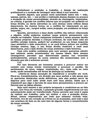 Simbolizam a ambição, o trabalho, o desejo de realização
profissional e a vontade de conseguir seus ideais à sua maneira.
Quando alguém, que possui certa autoridade sobre nós — mãe,
esposa, patroa, etc. — nos proíbe a realização desses desejos ou provoca
a anulação de nossa personalidade, através de chantagens, imposições,
ou críticas, é gerado um conflito interno que irá projetar um acidente no
braço direito, ou dores estranhas ou uma doença como reflexo dessa
desarmonia. Da mesma forma, se o conflito for relacionado ao pai,
patrão, sogro, etc., surgirá então, como projeção, um problema no braço
esquerdo..
Quando, porventura a base deste conflito não estiver relacionada
a alguém, então podemos analisar nosso próprio pensamento com
relação ao trabalho. Talvez estejamos limitando o nosso sucesso devido
às nossas próprias dúvidas e crenças errôneas. Se você leitor está em
conflito consigo mesmo, poderá ter problemas no seu braço esquerdo
(que simboliza o lado masculino), e, se você leitora estiver em conflito
consigo mesma, logo, o seu braço direito mostrará a você essa
desarmonia, pois o lado direito do corpo simboliza o lado feminino.
Faça uma análise cuidadosa pois nem sempre queremos admitir
que estamos sendo pressionados em nossos ideais. Nem sempre
conseguimos perceber que determinada pessoa nos incomoda
profundamente, porque às vezes estamos tão acostumados com a
situação que até a achamos normal.
113
Por isso devemos ser honestos conosco e procurar entrar em
contato com nossa mente inconsciente e provocar o perdão. Os
sentimentos de raiva, mágoa, insatisfação, etc., mais cedo ou mais
tarde, serão somatizados em forma de doenças ou acidentes.
Liberte-se dessa sensação de impotência e acredite em você.
Mova-se, tranqüilamente, em direção aos seus sonhos e não pense que
os aparentes obstáculos serão definitivos, pois eles podem servir de
degraus para você subir ainda mais com seus planos. Saiba que é
impossível que algo o derrube de seus bons pensamentos e procure ser
flexível com as idéias alheias.
Seja você mesmo o seu próprio terapeuta e condicione-se ao fato
de que, com força de vontade, o passado gravado negativamente em seu
subconsciente pode ser transformado. Pense convicto que você é capaz
de realizar seu trabalho, cada vez melhor e com a proteção divina.
Afinal, somos responsáveis por tudo que estamos vivendo hoje.
Portanto, tire de seu coração as críticas ou as acusações, pois tudo o que
nos acontece de bom ou de ruim tem de alguma forma o consentimento
da nossa vontade.
114
Mãos
86
 