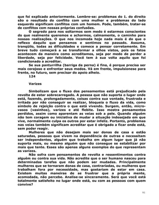 que foi explicado anteriormente. Lembre-se: problemas do 1. do direito
são o resultado do conflito com uma mulher e problemas do lado
esquerdo significam conflitos com um homem. Pode, também, tratar-se
de conflitos com nossas próprias confusões.
O segredo para nos soltarmos sem medo é estarmos conscientes
do que realmente queremos e acharmos, calmamente, o caminho para
nossas realizações. O que nos incomoda hoje nada mais é do que o
reflexo daquilo que pensamos e sentimos no passado. Assuma,
tranqüilo, todas as dificuldades e comece a pensar corretamente. Em
breve tudo começará a se transformar a olhos vistos, pois os fatos
acontecem da maneira como acreditamos, seja por medo de perder a
liberdade, seja por felicidade. Você tem à sua volta aquilo que foi
condicionado a acreditar.
Se sua panturrilha (barriga da perna) é fina, é porque precisa ser
mais corajoso e enfrentar seus medos. Vá em frente, impulsionese para
frente, no futuro, sem precisar do apoio alheio.
124
Varizes
Simbolizam que o fluxo dos pensamentos está prejudicado pela
revolta de estar sobrecarregado. A pessoa que não suporta o lugar onde
está, fazendo, prolongadamente, coisas contra sua vontade, frustrada e
irritada por não conseguir se realizar, bloqueia o fluxo da vida, como
símbolo de rejeição contra o que está vivendo. Surgem, então, micro-
vasos (vasinhos), varizes e até flebite. Isso mostra pensamentos
perdidos, assim como aparentam as veias sob a pele. Quando alguém
não tem coragem ou iniciativa de mudar a situação indesejada em que
vive, normalmente culpa os outros por estar infeliz. Portanto, problemas
nas veias também significam acreditar que é obrigado a ficar onde está,
sem poder reagir.
Mulheres que não desejam mais ser donas de casa e estão
saturadas, pessoas que vivem na dependência de outras e necessitam
ser independentes, alguém que trabalha em algum lugar que já não
suporta mais, ou mesmo alguém que não consegue se estabilizar por
mais que tente. Esses são apenas alguns exemplos do que representam
as varizes.
Não sofra com pensamentos de revolta e ressentimentos contra
alguém ou contra sua vida. Não acredite que o ser humano nasceu para
determinadas tarefas que não podem ser mudadas. Principalmente
mulheres que se tornaram donas de casa, contrariadas, ou mulheres que
trabalham fora por necessidade, mas gostariam de estar em casa.
Existem muitas maneiras de se frustrar que a própria mente,
acomodada, não percebe. Analise-se sinceramente. Será que você está
totalmente satisfeito no lugar onde está, ou com as pessoas com quem
convive?
91
 