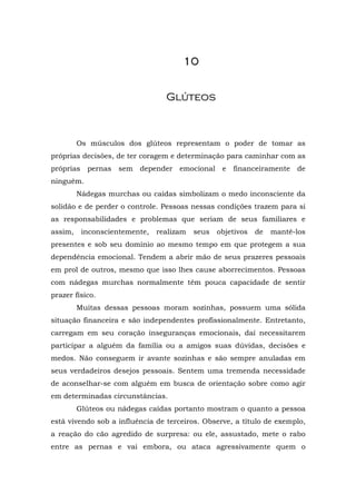 10


                                  Glúteos



         Os músculos dos glúteos representam o poder de tomar as
próprias decisões, de ter coragem e determinação para caminhar com as
próprias    pernas   sem   depender   emocional    e   financeiramente   de
ninguém.
         Nádegas murchas ou caídas simbolizam o medo inconsciente da
solidão e de perder o controle. Pessoas nessas condições trazem para si
as responsabilidades e problemas que seriam de seus familiares e
assim,     inconscientemente,   realizam   seus   objetivos   de   mantê-los
presentes e sob seu domínio ao mesmo tempo em que protegem a sua
dependência emocional. Tendem a abrir mão de seus prazeres pessoais
em prol de outros, mesmo que isso lhes cause aborrecimentos. Pessoas
com nádegas murchas normalmente têm pouca capacidade de sentir
prazer físico.
         Muitas dessas pessoas moram sozinhas, possuem uma sólida
situação financeira e são independentes profissionalmente. Entretanto,
carregam em seu coração inseguranças emocionais, daí necessitarem
participar a alguém da família ou a amigos suas dúvidas, decisões e
medos. Não conseguem ir avante sozinhas e são sempre anuladas em
seus verdadeiros desejos pessoais. Sentem uma tremenda necessidade
de aconselhar-se com alguém em busca de orientação sobre como agir
em determinadas circunstâncias.
         Glúteos ou nádegas caídas portanto mostram o quanto a pessoa
está vivendo sob a influência de terceiros. Observe, a título de exemplo,
a reação do cão agredido de surpresa: ou ele, assustado, mete o rabo
entre as pernas e vai embora, ou ataca agressivamente quem o
 