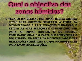 O tema do Dia Mundial das Zonas Húmida aborda estas duas questões principais, a perda da biodiversidade e as alterações climáticas, e estuda as suas relações e o significado tem para as zonas húmidas e as pessoas. Procuramos qual é o papel que desempenha o ser humano . na perda da biodiversidade e nas alterações climáticas e o que podemos fazer para encontrar soluções.Qual o objectivo das zonas húmidas?