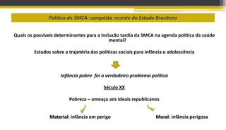 Política de SMCA: conquista recente do Estado Brasileiro
Quais os possíveis determinantes para a inclusão tardia da SMCA na agenda política da saúde
mental?
Estudos sobre a trajetória das políticas sociais para infância e adolescência
Infância pobre foi o verdadeiro problema político
Século XX
Pobreza – ameaça aos ideais republicanos
Material: infância em perigo Moral: infância perigosa
 