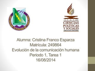 Alumna: Cristina Franco Esparza
Matrícula: 249864
Evolución de la comunicación humana
Periodo 1, Tarea 1
16/08/2014
 