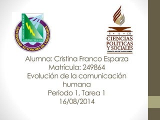 Alumna: Cristina Franco Esparza
Matrícula: 249864
Evolución de la comunicación
humana
Periodo 1, Tarea 1
16/08/2014
 