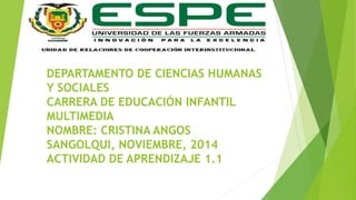 DEPARTAMENTO DE CIENCIAS HUMANAS 
Y SOCIALES 
CARRERA DE EDUCACIÓN INFANTIL 
MULTIMEDIA 
NOMBRE: CRISTINA ANGOS 
SANGOLQUI, NOVIEMBRE, 2014 
ACTIVIDAD DE APRENDIZAJE 1.1 
 
