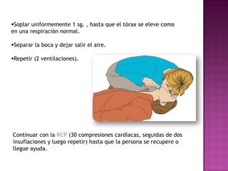 Soplar uniformemente 1 sg. , hasta que el tórax se eleve como
en una respiración normal.

Separar la boca y dejar salir el aire.

Repetir (2 ventilaciones).




Continuar con la RCP (30 compresiones cardíacas, seguidas de dos
insuflaciones y luego repetir) hasta que la persona se recupere o
llegue ayuda.
 