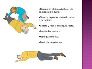 Pierna más alejada doblada, pie
apoyado en el suelo.

Tirar de la pierna haciendo rodar
a la víctima.

Cadera y rodilla en ángulo recto.

Cabeza hacia atrás.

Mano bajo mejilla.

Controlar respiración.
 