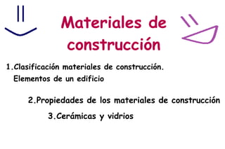 Materiales de
construcción
1.Clasificación materiales de construcción.
Elementos de un edificio
2.Propiedades de los materiales de construcción
3.Cerámicas y vidrios
 
