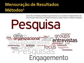 Quais são os método(s) utilizado (s) para mensurar os resultados do departamento de
comunicação interna da sua empresa? (Por favor, indique todos os métodos utilizados).

Seminário Mega Brasil de Comunicação Interna - 2013

 