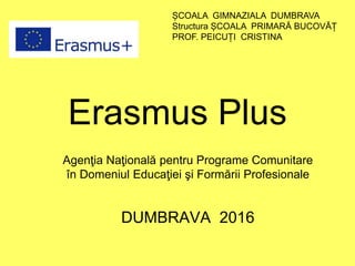 Erasmus Plus
Agenţia Naţională pentru Programe Comunitare
în Domeniul Educaţiei şi Formării Profesionale
DUMBRAVA 2016
ȘCOALA GIMNAZIALA DUMBRAVA
Structura ȘCOALA PRIMARĂ BUCOVĂȚ
PROF. PEICUȚI CRISTINA
 