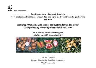 Food Sovereignty for Food Security
How protecting traditional knowledge and agro‐biodiversity can be part of the
                                 solution

      Workshop “Managing wild species and systems for food security”
            Co‐organized by Bioversity International and CIFOR

                      IUCN World Conservation Congress
                       Jeju (Korea), 6‐15 September 2012




                               Cristina Eghenter
                     Deputy Director for Social Development
                                WWF‐Indonesia
 