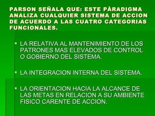PARSON SEÑALA QUE: ESTE PÀRADIGMA ANALIZA CUALQUIER SISTEMA DE ACCION DE ACUERDO A LAS CUATRO CATEGORIAS FUNCIONALES. LA RELATIVA AL MANTENIMIENTO DE LOS PATRONES MAS ELEVADOS DE CONTROL O GOBIERNO DEL SISTEMA. LA INTEGRACION INTERNA DEL SISTEMA. LA ORIENTACION HACIA LA ALCANCE DE LAS METAS EN RELACION A SU AMBIENTE FISICO CARENTE DE ACCION. 