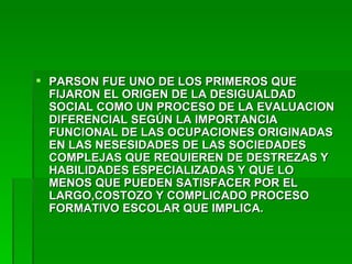 PARSON FUE UNO DE LOS PRIMEROS QUE FIJARON EL ORIGEN DE LA DESIGUALDAD SOCIAL COMO UN PROCESO DE LA EVALUACION DIFERENCIAL SEGÚN LA IMPORTANCIA FUNCIONAL DE LAS OCUPACIONES ORIGINADAS EN LAS NESESIDADES DE LAS SOCIEDADES COMPLEJAS QUE REQUIEREN DE DESTREZAS Y HABILIDADES ESPECIALIZADAS Y QUE LO MENOS QUE PUEDEN SATISFACER POR EL LARGO,COSTOZO Y COMPLICADO PROCESO FORMATIVO ESCOLAR QUE IMPLICA. 