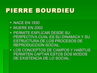 PIERRE BOURDIEU NACE EN 1930 MUERE EN 2002 PERMITE EXPLICAR DESDE SU PERPECTIVA CUAL ES SU DINAMICA Y SU ESTRUCTURA DE LOS PROCESOS DE REPRODUCCION SOCIAL. LOS CONCEPTOS DE CAMPOS Y HABITUS PERMITEN CAPTAR ESTOS DOS MODOS DE EXISTENCIA DE LO SOCIAL:  