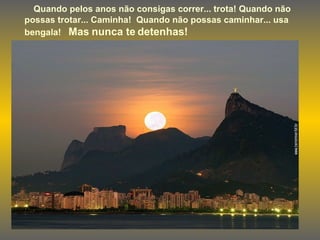Quando pelos anos não consigas correr... trota! Quando não possas trotar... Caminha!  Quando não possas caminhar... usa bengala!  Mas nunca te detenhas! 