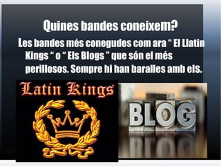 Q uines bandes coneixe m? L es bandes més conegudes com ara “ El Llatin Kings “ o “ Els Blogs ” que són el més perillosos. Sempre hi han baralles amb el s.   