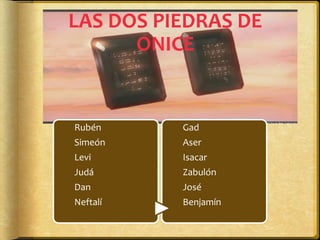 LAS DOS PIEDRAS DE
ONICE
Rubén
Simeón
Levi
Judá
Dan
Neftalí
Gad
Aser
Isacar
Zabulón
José
Benjamín
 
