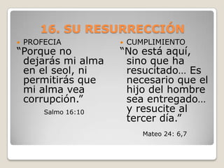 16. SU RESURRECCIÓNPROFECIA “Porque no dejarás mi alma en el seol, ni permitirás que mi alma vea corrupción.” Salmo 16:10CUMPLIMIENTO“No está aquí, sino que ha resucitado… Es necesario que el hijo del hombre sea entregado… y resucite al tercer día.”Mateo 24: 6,7
