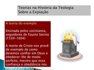 Teorias na História da Teologia
       Sobre a Expiação


A teoria do exemplo

Ensinada pelos socinianos,
seguidores de Fausto Socino
(1539-1604)

A morte de Cristo nos provê
de exemplo de como
devemos confiar em Deus e
obedecer-lhe de modo
perfeito, mesmo que essa
confiança e obediência nos
levem a uma morte horrível.
 