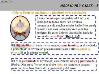 CR2 19 de 55

                                                       MEDIADOR Y CABEZA, 5

               Cristo, Profeta: mediador y plenitud de la revelación
                                   Es mucho más que los profetas del AT y se
                                   distingue de todos ellos: “en diversos
                                   momentos y de muchos modos habló Dios en el
                                   pasado a nuestros padres por medio de los
                                   profetas. En estos últimos días nos ha hablado
                                   por medio de su Hijo” (Heb 1, 1-2).
                                                                    1-2

               El Hijo de Dios, al venir a este mundo, como hombre, es el mediador
                perfecto de la revelación pues nos manifiesta a Dios a quien ve
               y oye. Él es la misma verdad.

               Él es la plenitud de la revelación: es la Palabra única y perfecta del
               Padre. Dios en su Verbo lo ha dicho todo: no habrá otra palabra
               más que ésta. Nos libera de la ignorancia y del error.
 