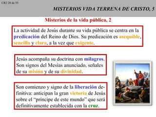 CR2 28 de 55

                            MISTERIOS VIDA TERRENA DE CRISTO, 5

                        Misterios de la vida pública, 2
        La actividad de Jesús durante su vida pública se centra en la
        predicación del Reino de Dios. Su predicación es asequible,
        sencilla y clara, a la vez que exigente.


          Jesús acompaña su doctrina con milagros.
          Son signos del Mesías anunciado, señales
          de su misión y de su divinidad.

          Son comienzo y signo de la liberación de-
          finitiva: anticipan la gran victoria de Jesús
          sobre el “príncipe de este mundo” que será
          definitivamente establecida con la cruz.
 
