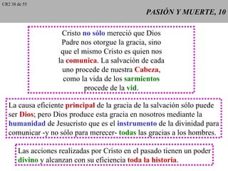 CR2 38 de 55
                                                PASIÓN Y MUERTE, 10

                     Cristo no sólo mereció que Dios
                     Padre nos otorgue la gracia, sino
                     que el mismo Cristo es quien nos
                    la comunica. La salvación de cada
                      uno procede de nuestra Cabeza,
                      como la vida de los sarmientos
                             procede de la vid.

   La causa eficiente principal de la gracia de la salvación sólo puede
   ser Dios; pero Dios produce esta gracia en nosotros mediante la
   humanidad de Jesucristo que es el instrumento de la divinidad para
   comunicar -y no sólo para merecer- todas las gracias a los hombres.

       Las acciones realizadas por Cristo en el pasado tienen un poder
       divino y alcanzan con su eficiencia toda la historia.
 
