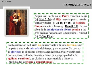 CR2 44 de 55
                                                         GLORIFICACIÓN, 5


                                Según las Escrituras, el Padre resucita a Jesús
                                (ej. Hch 2, 24), el Hijo resucita por su propia
                                            24
                                virtud y poder (ej. Jn 10, 17-18), el Espíritu
                                                           17-18
                                Santo resucita a Jesús (ej. Rom 8, 11). Es una
                                                                    11
                                obra de la omnipotencia divina común a las
                                tres divinas Personas de la Santísima Trinidad
                                (ej. 2 Cor 13, 4).
                                               4


        La Resurrección de Cristo no es una vuelta a la vida terrena, sino
        un paso a otra vida más allá del tiempo y del espacio. Su cuerpo
        es glorioso: es al mismo tiempo auténtico (material) y espiritual.
        Puede aparecer donde, cuando y como quiere (propiedades de
        agilidad y sutileza); es glorioso e incorruptible e inmortal
        (propiedades de gloria e impasibilidad).
 