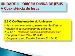 UNIDADE II – ORIGEM DIVINA DE JESUS
A Coexistência de Jesus
2.3 O Co-Sustentador do Universo
Jesus, como uma das pessoas da Santíssima
Trindade, é co-sustentador do universo
Cl 1.17 – “todas as coisas subsistem por ele”
Coopera com o Pai – Mt. 5.45
Coopera com o Espírito Santo – Sl 104.30
 