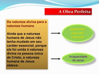 A Obra Perfeita
Da natureza divina para a
natureza humana
Ainda que a natureza
humana de Jesus não
tenha mudado em seu
caráter essencial, porque
ela foi unida à natureza
divina na pessoa única
de Cristo, a natureza
humana de Jesus
obteve:
Dignidade
para ser
cultuada
Incapacidade
de pecar
 