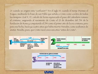 ¿Y cuándo se originó esta “confusión”? En el siglo VI, cuando el monje Dionisio el
Exiguo, meditando la frase de san Pablo que señala a Cristo como «centro de todos
los tiempos» (Gal 4, 4), calculó de forma equivocada el paso del calendario romano
al cristiano, asignando al nacimiento de Cristo el 25 de diciembre del 754 de la
fundación de Roma y computando el 754 como el primer año de la era cristiana; pero
para esa fecha, hacía ya cuatro años que había muerto Herodes, como acabamos de
anotar. Resulta, pues, que Cristo nació unos seis años “antes de Cristo”.
 