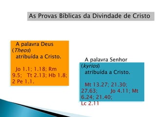 As Provas Bíblicas da Divindade de Cristo
A palavra Deus
(Theos)
atribuída a Cristo.
Jo 1.1; 1.18; Rm
9.5; Tt 2.13; Hb 1.8;
2 Pe 1.1.
A palavra Senhor
(kyrios)
atribuída a Cristo.
Mt 13.27; 21.30;
27.63; Jo 4.11; Mt
6.24; 21.40;
Lc 2.11
 
