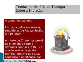 Teorias na História da Teologia
Sobre a Expiação
A teoria do exemplo
Ensinada pelos socinianos,
seguidores de Fausto Socino
(1539-1604)
A morte de Cristo nos provê
de exemplo de como
devemos confiar em Deus e
obedecer-lhe de modo
perfeito, mesmo que essa
confiança e obediência nos
levem a uma morte horrível.
 