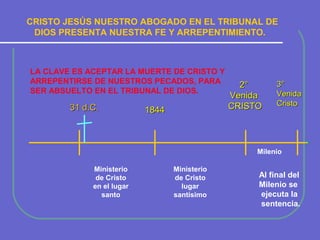 CRISTO JESÚS NUESTRO ABOGADO EN EL TRIBUNAL DE
DIOS PRESENTA NUESTRA FE Y ARREPENTIMIENTO.

LA CLAVE ES ACEPTAR LA MUERTE DE CRISTO Y
ARREPENTIRSE DE NUESTROS PECADOS, PARA
SER ABSUELTO EN EL TRIBUNAL DE DIOS.

31 d.C.

1844

2°
Venida
CRISTO

3°
Venida
Cristo

Milenio
Ministerio
de Cristo
en el lugar
santo

Ministerio
de Cristo
lugar
santísimo

Al final del
Milenio se
ejecuta la
sentencia.

 