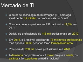 Mercado de TI
    O setor de Tecnologia da Informação (TI) emprega
     atualmente 1,2 milhão de profissionais no Brasil

    Cresce a taxas superiores ao PIB nacional – 11,3% em
     2011

    Déficit de profissionais de 115 mil profissionais em 2012

    Em 2014, o Brasil vai precisar de 78 mil novos profissionais
     mas apenas 33 mil pessoas terão formação na área

    Precisará de 750 mil novos profissionais até 2020

    A demanda por profissionais é maior do que a oferta, os
     salários são superiores à media nacional
 