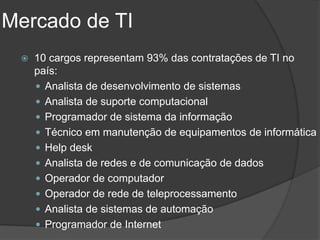 Mercado de TI
    10 cargos representam 93% das contratações de TI no
     país:
      Analista de desenvolvimento de sistemas
      Analista de suporte computacional
      Programador de sistema da informação
      Técnico em manutenção de equipamentos de informática
      Help desk
      Analista de redes e de comunicação de dados
      Operador de computador
      Operador de rede de teleprocessamento
      Analista de sistemas de automação
      Programador de Internet
 