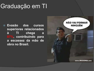 Graduação em TI


   Evasão    dos    cursos
    superiores relacionados
    à     TI    chega     a
    87%, contribuindo para
    a escassez da mão de
    obra no Brasil.
 