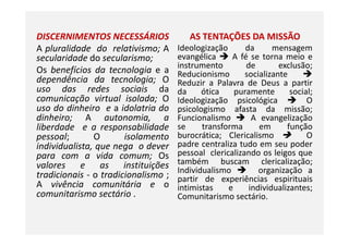 DISCERNIMENTOS NECESSÁRIOS
A pluralidade do relativismo; A
secularidade do secularismo;
Os benefícios da tecnologia e a
dependência da tecnologia; O
uso das redes sociais da
comunicação virtual isolada; O
uso do dinheiro e a idolatria do
dinheiro; A autonomia, a
liberdade e a responsabilidade
AS TENTAÇÕES DA MISSÃO
Ideologização da mensagem
evangélica A fé se torna meio e
instrumento de exclusão;
Reducionismo socializante
Reduzir a Palavra de Deus a partir
da ótica puramente social;
Ideologização psicológica O
psicologismo afasta da missão;
Funcionalismo A evangelização
se transforma em função
dinheiro; A autonomia, a
liberdade e a responsabilidade
pessoal; O isolamento
individualista, que nega o dever
para com a vida comum; Os
valores e as instituições
tradicionais - o tradicionalismo ;
A vivência comunitária e o
comunitarismo sectário .
se transforma em função
burocrática; Clericalismo O
padre centraliza tudo em seu poder
pessoal clericalizando os leigos que
também buscam clericalização;
Individualismo organização a
partir de experiências espirituais
intimistas e individualizantes;
Comunitarismo sectário.
 