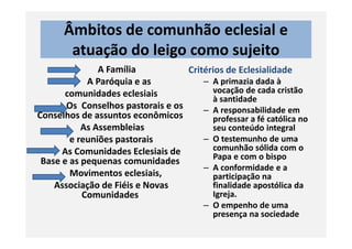 Âmbitos de comunhão eclesial e
atuação do leigo como sujeito
A Família
A Paróquia e as
comunidades eclesiais
Os Conselhos pastorais e os
Conselhos de assuntos econômicos
As Assembleias
Critérios de Eclesialidade
– A primazia dada à
vocação de cada cristão
à santidade
– A responsabilidade em
professar a fé católica no
seu conteúdo integralAs Assembleias
e reuniões pastorais
As Comunidades Eclesiais de
Base e as pequenas comunidades
Movimentos eclesiais,
Associação de Fiéis e Novas
Comunidades
seu conteúdo integral
– O testemunho de uma
comunhão sólida com o
Papa e com o bispo
– A conformidade e a
participação na
finalidade apostólica da
Igreja.
– O empenho de uma
presença na sociedade
 