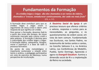 Fundamentos da Formação
Os cristãos leigos e leigas são eles chamados a ser ramos da videira,
chamados a “crescer, amadurecer continuamente, dar cada vez mais fruto”
(CfL, n. 57).
A formação deve contribuir para que os
cristãos leigos e leigas vivam o
seguimento de Jesus Cristo e deem uma
resposta do que significa ser cristão.
Para pensar a formação, devemos fazê-lo
a partir dos sinais dos tempos, do nosso
continente marcado pela cultura cristã e
A Doutrina Social da Igreja é um
precioso tesouro que oferece critérios
e valores, respostas e rumos para as
necessidades, as perguntas, e os
questionamentos da ordem social, ema partir dos sinais dos tempos, do nosso
continente marcado pela cultura cristã e
pela pobreza. A formação é decisiva para
a maturidade dos cristãos leigos e leigas.
A formação bíblica, catequética, litúrgica,
moral e espiritual é a base de todo o
processo formativo.
Do ponto de vista metodológico é
importante contemplar a relação entre
teoria e prática, a pedagogia participativa
em vista do exercício da liderança, numa
perspectiva de inculturação.
questionamentos da ordem social, em
vista do bem comum. Fundamentada
nas Escrituras, nos Santos Padres, no
testemunho de tantos santos e santas,
no Concílio Vaticano II e, na América
Latina, nas Conferências de Medellín,
Puebla, Santo Domingo, Aparecida e
agora na Evangelii Gaudium. Ilumina a
dimensão social da fé e a implantação
do Reino na sociedade.
 