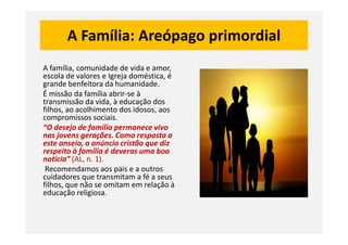 A Família: Areópago primordial
A família, comunidade de vida e amor,
escola de valores e Igreja doméstica, é
grande benfeitora da humanidade.
É missão da família abrir-se à
transmissão da vida, à educação dos
filhos, ao acolhimento dos idosos, aos
compromissos sociais.
“O desejo de família permanece vivo“O desejo de família permanece vivo
nas jovens gerações. Como resposta a
este anseio, o anúncio cristão que diz
respeito à família é deveras uma boa
notícia” (AL, n. 1).
Recomendamos aos pais e a outros
cuidadores que transmitam a fé a seus
filhos, que não se omitam em relação à
educação religiosa.
 